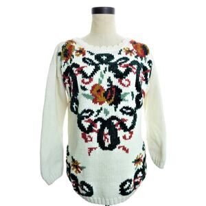 Vintage Floral Ugly Sweater Size S White with Green